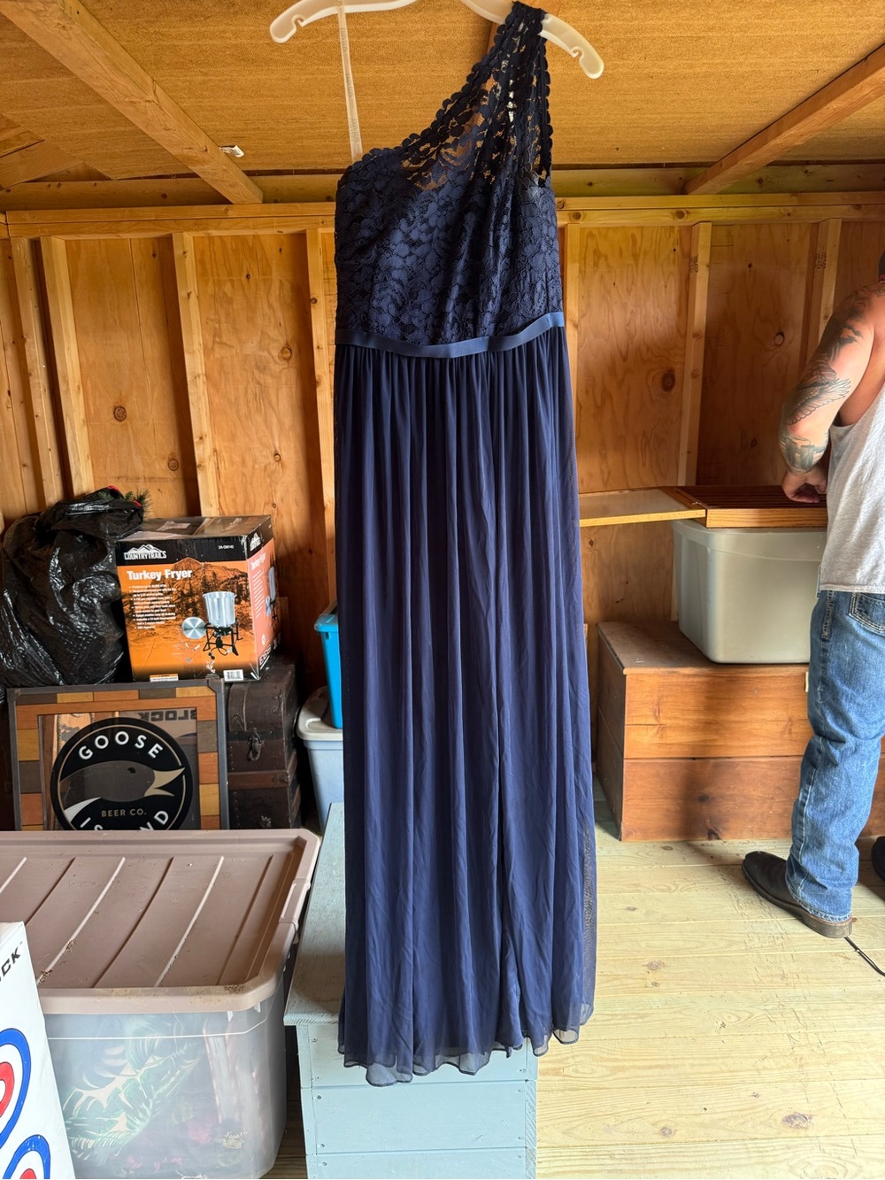 David's Bridal Navy One-Shoulder Lace & Chiffon Gown